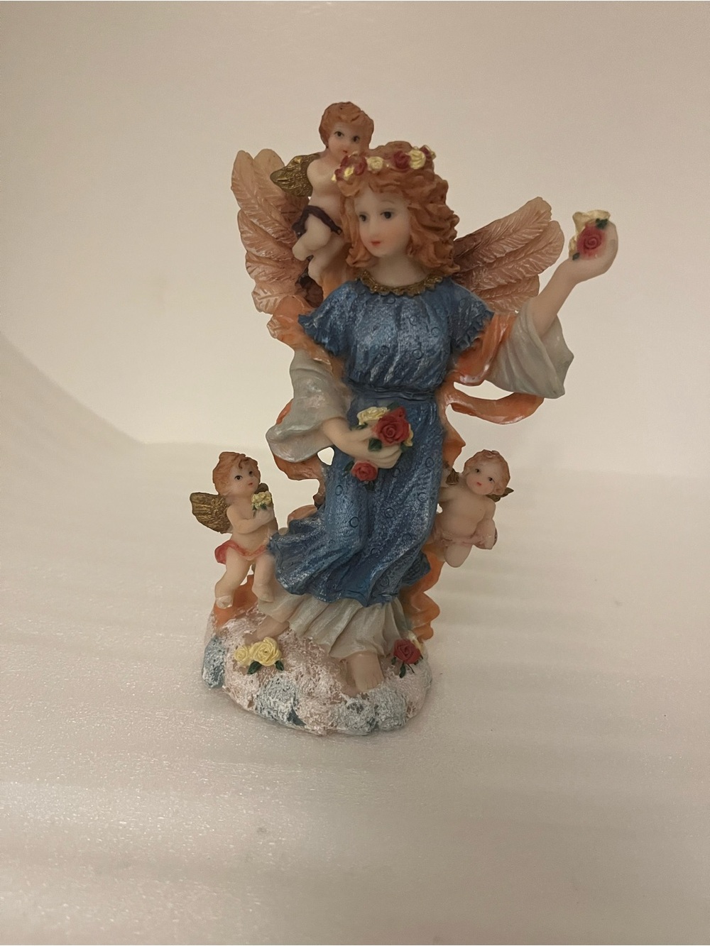 Angel Figurine with Cherubs Blue Robe Winged Resin/Stone